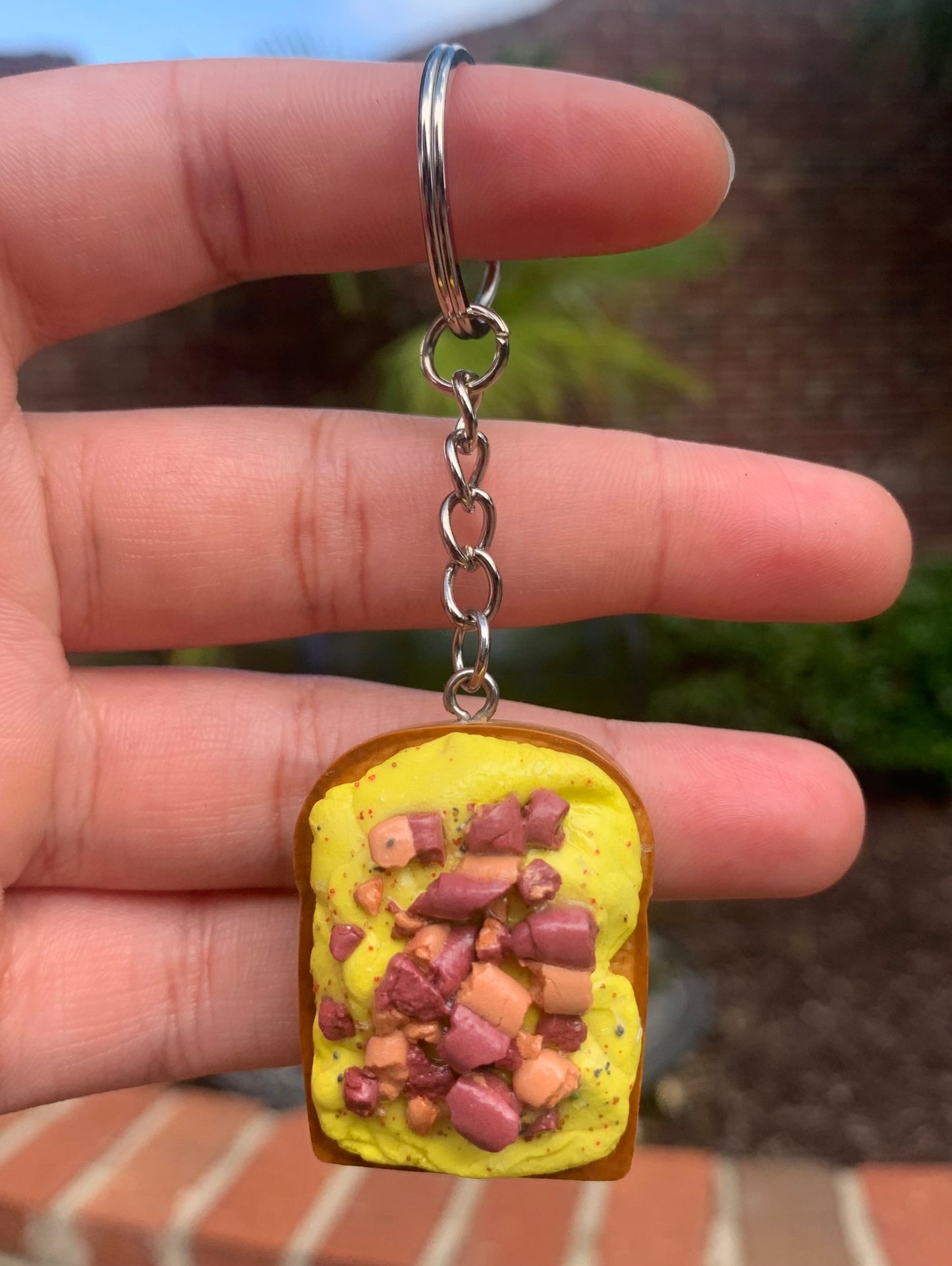 Scrambled Eggs with Bacon Bits on Toast Keychain