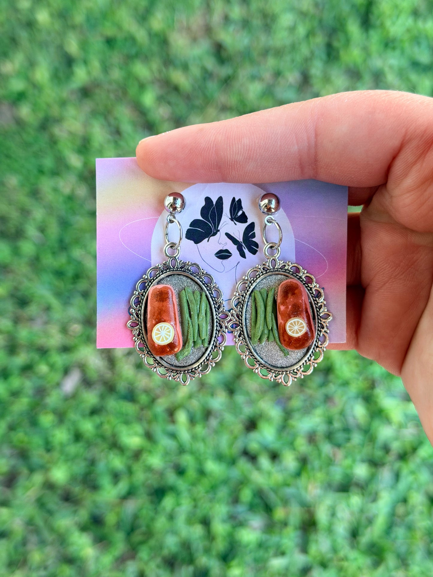 Salmon with Green Beans Silver-Plated Earrings